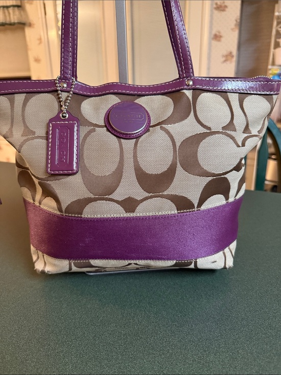 Coach Handbags - Coach Beige Signature Canvas Tote with Purple Trim